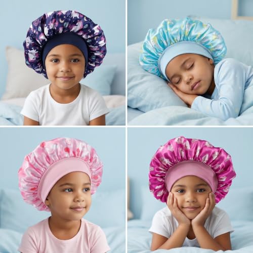 4 Pack Kids Satin Bonnet Set | Soft Sleep Caps for Natural Hair