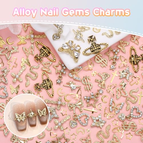 Cynailli 320 Pcs Gold Nail Charms & Gems Set - Cross, Snake, Heart, Star, Dangle & More, Variation S1