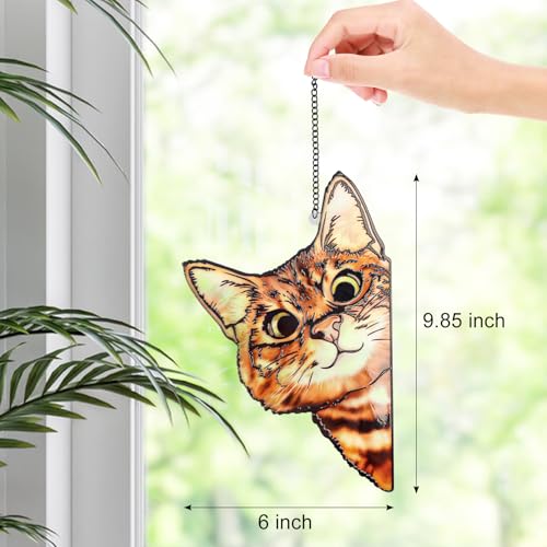 Stained Glass Window Hanging - Funny Peeking Cat Decor