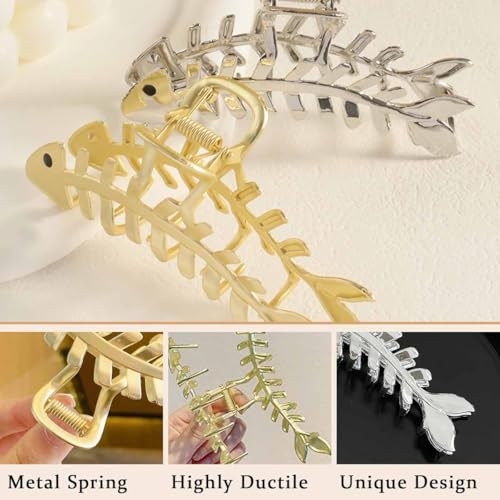 KuuGuu Fish Bone Hair Claw Clips 4-Pack Large Metal Non-Slip Hair Accessories