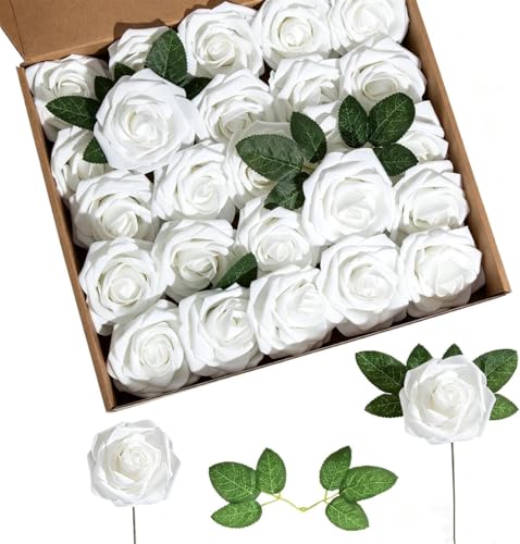 25 Pcs White Artificial Foam Roses - Realistic Fake Flowers for Weddings & Home Decor