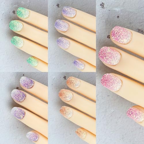 TACITSU 120 Pcs Kids Press-On Nails Set Gradient Glitter - Short Oval Shape
