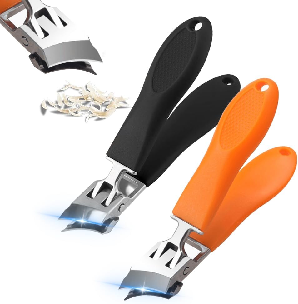 Wide Jaw Opening Anti-Splash Slanted Nail Clipper - Curved Fingernail & Toenail Clippers for Thick Nails | Black & Orange
