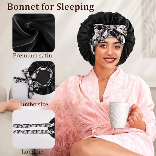 2Pcs Large Satin Sleep Bonnet with Adjustable Tie Bands - Black (Set of 2)