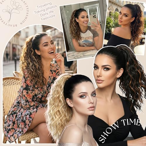 14 Inch Short Ponytail Extension H6A/26# | Curly Clip-In Synthetic Hair for Women - Chocolate Brown Mix Blonde