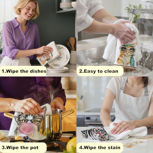 Cute Cat Kitchen Towels - 4 Pack, Absorbent Microfiber Dish Cloths