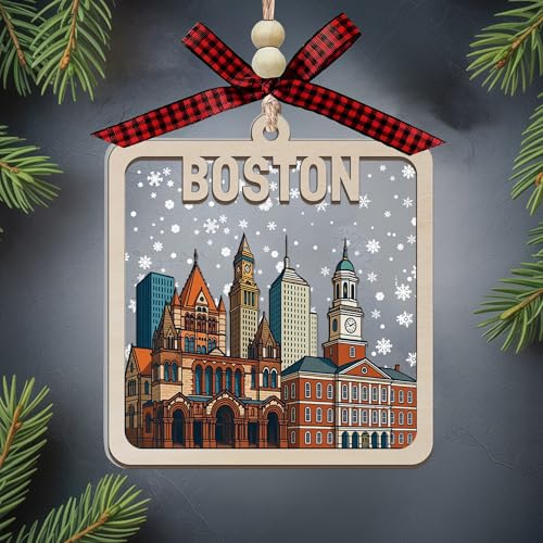 Boston Wooden Christmas Ornament - 2-Layer Skyline Decoration