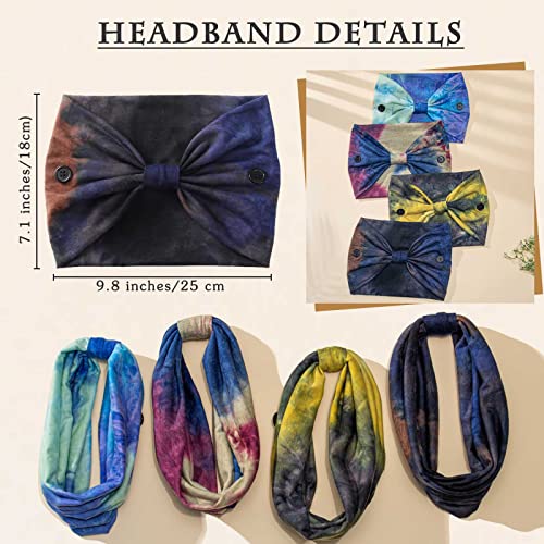 Olbye Wide Tie Dye Button Headbands for Masks - 4 Piece Set