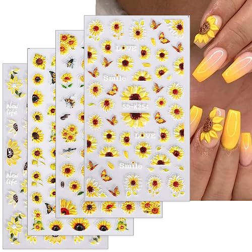 Puyokinm 5D Embossed Sunflower Nail Stickers Self-Adhesive Floral Summer Nail Decals for Women Girls 4 Sheets