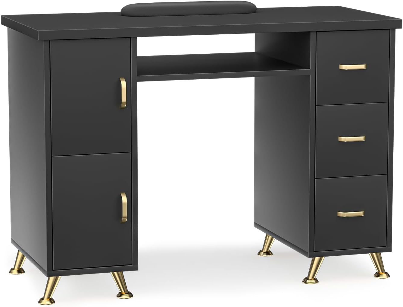 Manicure Table - Durable Nail Desk with 3 Drawers & 2 Cabinets | Acetone-Resistant, Versatile Salon Station (White-Gold)