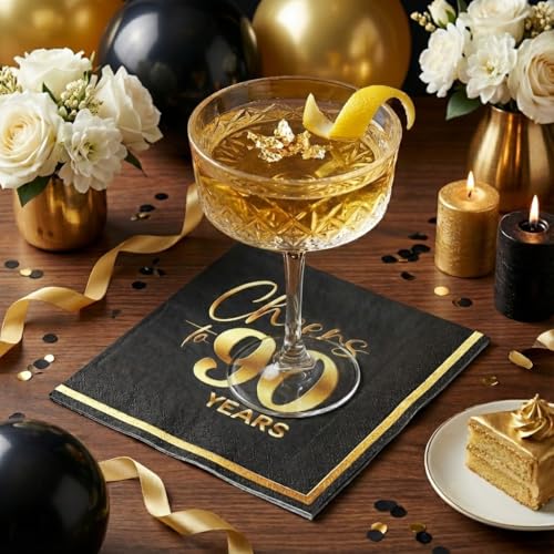 Cheers to 90 Years - 50PCS Black & Gold 3-Ply Cocktail Napkins