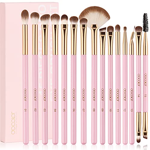 docolor Pink Eyeshadow Brush Set 15Pcs for Eye Makeup, Blending & Detail Work