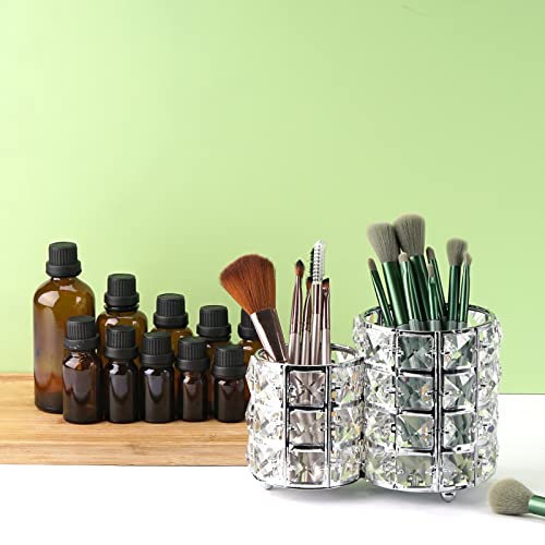 LUEXBOX Silver Crystal Makeup Brush Holder - 2-Compartment Vanity Organizer