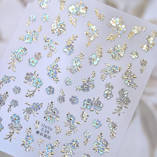 Sevgob Color A18 5D Gold Silver Floral Nail Stickers Embossed Decals for DIY Manicure