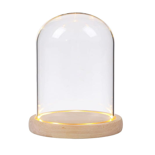Nynelly 3.54" D X 4.33" H Clear Glass Dome Cloche with Natural Wood LED Lights Base, Display Bell Jar Ornament，Countertop Bell Jar Display Dome Clear Glass Display Case Deco