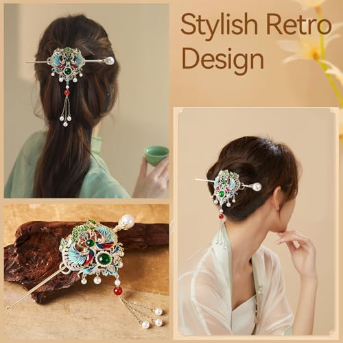 Elesokaxe Moon Phoenix Hair Sticks for Women - Green Chinese Hair Accessories