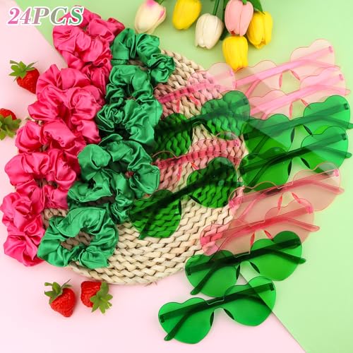 24Pcs Pink & Green Party Accessory Set: Satin Scrunchies & Heart Sunglasses