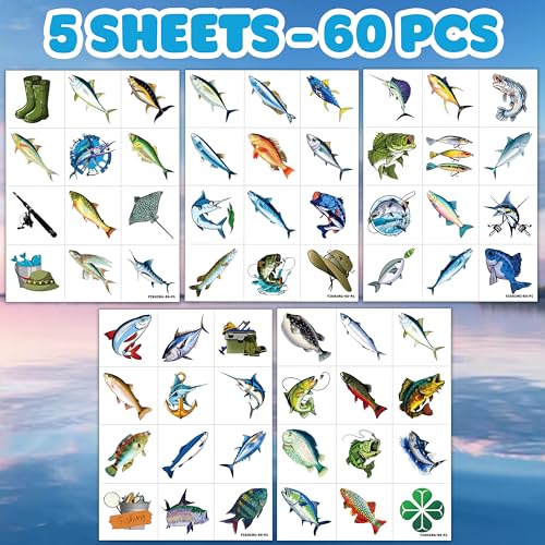 Fishing Temporary Tattoos Set for Kids - 60 PCS Birthday Party Favors