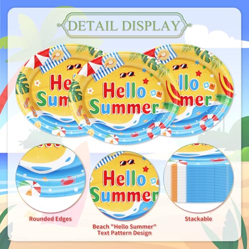 Hello Summer Oval Paper Plates - 50 Pack, 9" x 11" Disposable Beach Party Plates
