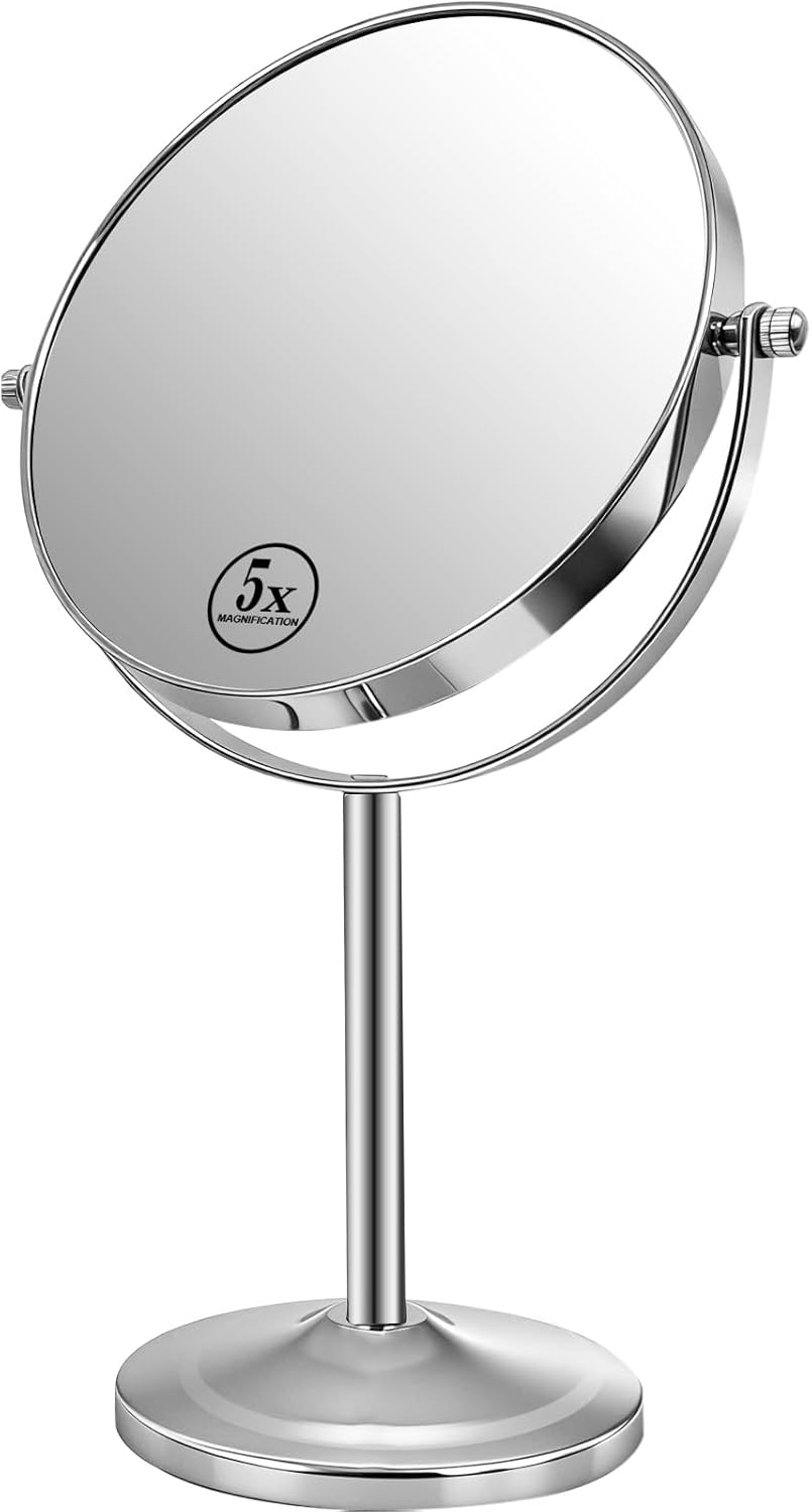 Tabletop Makeup Mirror - 1X/5X Double-Sided Magnifying Design | 7-Inch Chrome 360° Swivel Countertop Mirror