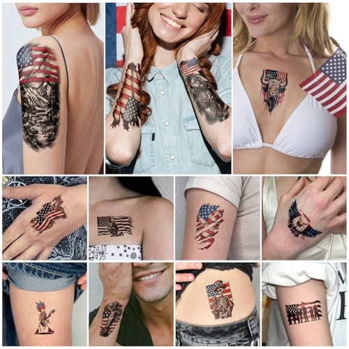 Atydkug Independence Day Temporary Tattoos for Women & Men - 77 Sheets Patriotic Body Art, 17 Large & 60 Small American Flag & Eagle Designs