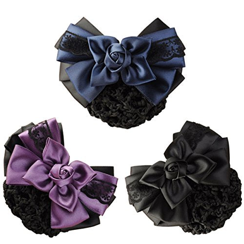 LiveZone Pack of 3 Women Hair Bun Cover Nets with Bowknot Decor - Black, Blue, Purple
