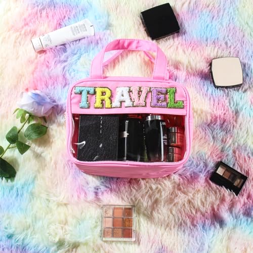 BuyCard Pink Chenille Letter Clear Travel Makeup Bag with Handles – Waterproof Nylon Toiletry Organizer, Spacious & Secure