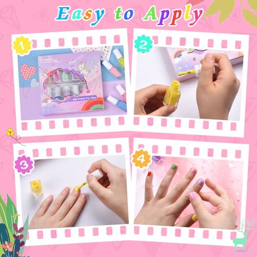 Wakaniya Kids Nail Polish Set 12 Candy Colors for Girls - Safe Toddler Peel-Off Nail Kit with Stickers - Variant A