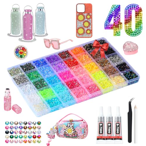 40000 Pcs Rhinestone Bedazzling Kit with Glue & Tools - 40 Colors