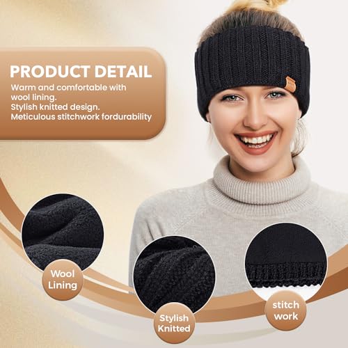 MUTKIS Winter Headbands for Women 3 Pack Black Beige Army Warm Wool Knit Ear Warmers
