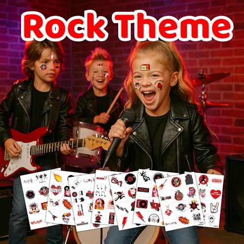 Kids & Teens Rock-Themed Temporary Tattoos Pack - 96 Sheets for Parties & Events