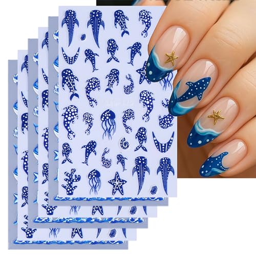 GRITOSE V8 Ocean Marine Life Nail Art Stickers 6 Sheets Summer Beach Decals