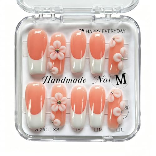 Luvqara SY303 Long Square Pink Nude French Tip Press-On Nails - Handmade 3D Flower Design, Reusable, 10 Pcs