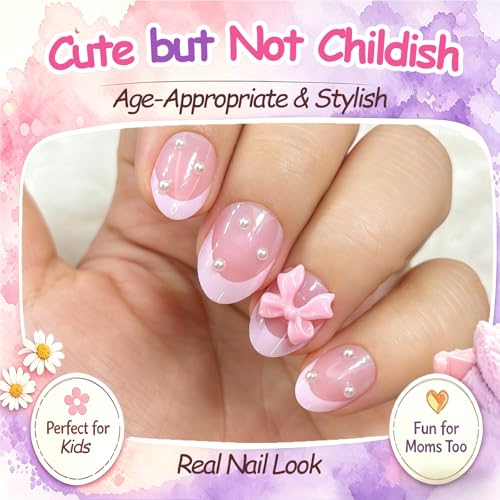 24pcs Kids Press On Nails with Pink Bow & Pearl - Non-Toxic Fashion Kit