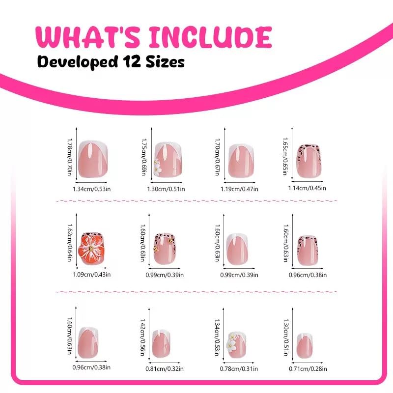 Leopard Print French Tip Press-On Nails with 3D Flowers - 24 Pcs