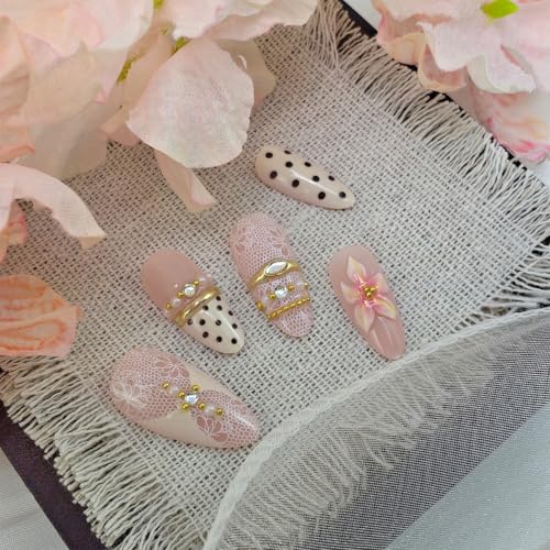 24Pcs Pink Flower Press-On Nails with 3D Gems & French Tips