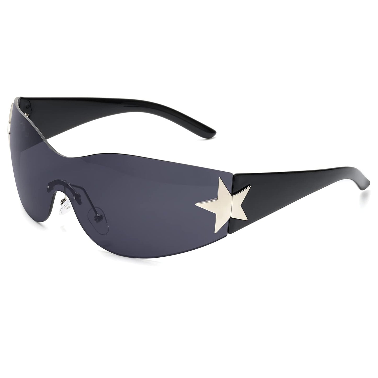 LIKSMU Rimless Y2K Sunglasses for Women Men Wrap Around Fashion Sunglasses Oversized Frameless 2000s Trendy Sun Glasses Black Lens and Black Frame