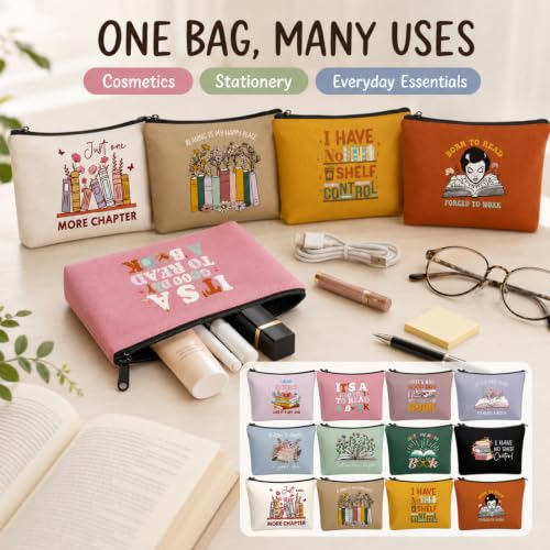 Bohemian Book Lover Makeup Bags Set of 12 - Bookish Gift for Women, Travel & Storage