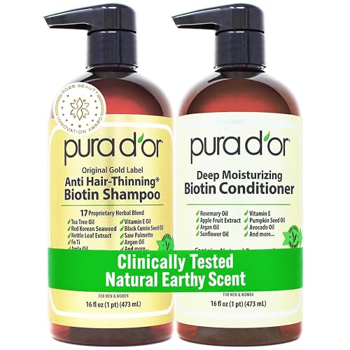 PURA D'OR Anti-Thinning Biotin Shampoo and Conditioner, CLINICALLY TESTED Effective Results, Herbal Blend Thickening Products For Women & Men, Original Gold Label Set, Natural Earthy Scent, 16oz x2 | Deep Moisturizing