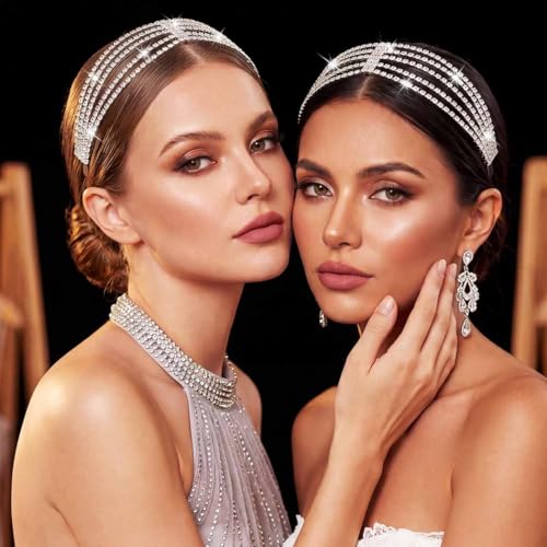 BARTOSI Silver Rhinestone Head Chain Bridal Headpiece A-Silver