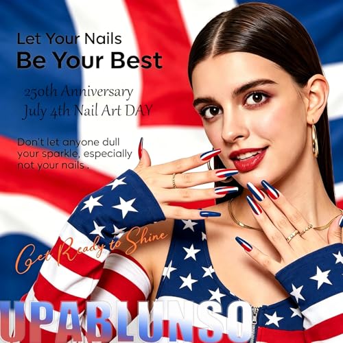 UPABLUNSO Stars Silver Glitter Lines 4th of July Press-On Nails Medium Square Fake Nails French Tips