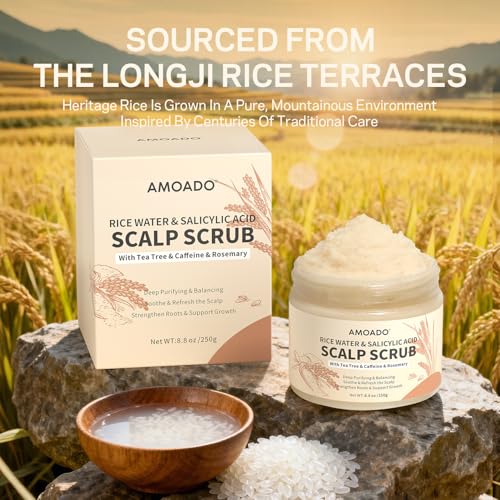 AMOADO Rice Water Scalp Scrub with Salicylic Acid(BHA), Tea Tree & Rosemary ? Gentle Exfoliating Scalp Scrub Shampoo for Dandruff, Removes Buildup, Controls Oil & Refreshes the Scalp, 8.8 oz