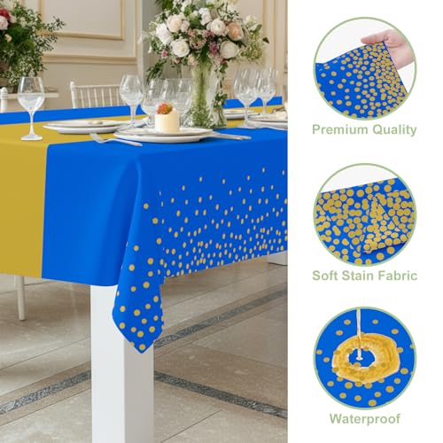 Smiry Disposable Plastic Table Cloths - 3 Pack, 54x108 Inch Waterproof Blue & Gold
