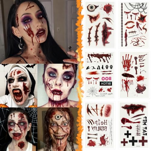 Zombie Makeup Halloween Face Tattoos Kit - 12 Sheets Fake Scars & Wounds for Kids & Adults - Realistic Blood Injury & Scratch Stickers - Halloween Costume Accessory