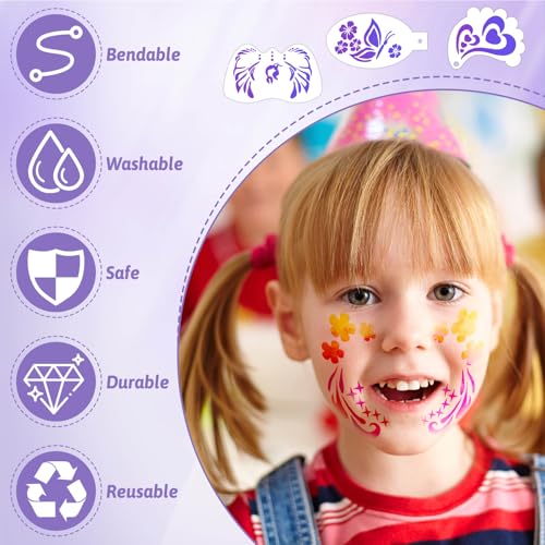 Face Paint Stencils Kit with Brushes & Gems for Halloween & Parties - 55PCS