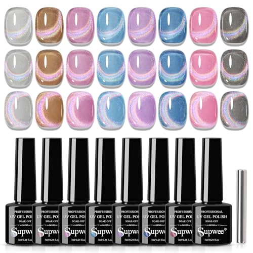 12 Colors Rainbow Cat Eye Gel Nail Polish Set - Holographic Effects