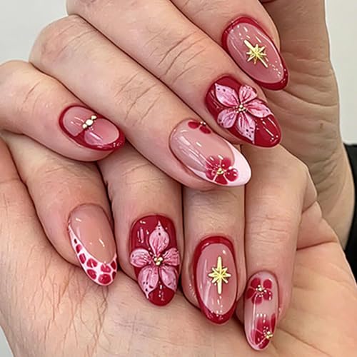 STADWWK 30Pcs Short Almond Press On Nails with 3D Flower Bead Stars Design, Reusable Pink Nude Fake Nails for Summer Manicure