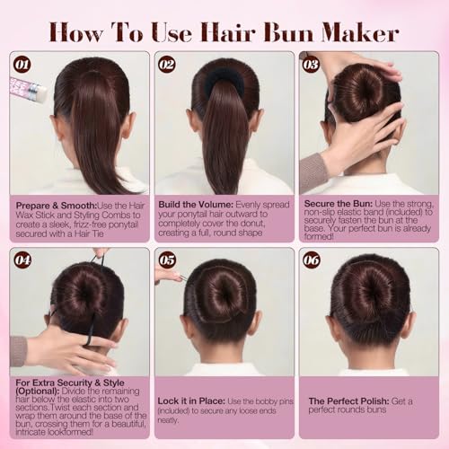 Black Hair Donut Bun Maker Kit - 4 Sizes, 20 Hair Nets, Bobby Pins & Wax Stick
