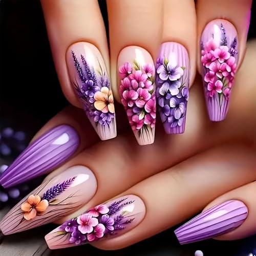 Coffin Press On Nails Medium with Flower Lines – YOJIATOP Floral Pink 24Pcs (Variation: Flower Lines Floral)