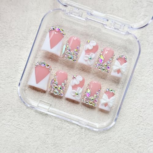 Medium Duck Press on Nails - French White Nude Handmade Rhinestone Nails